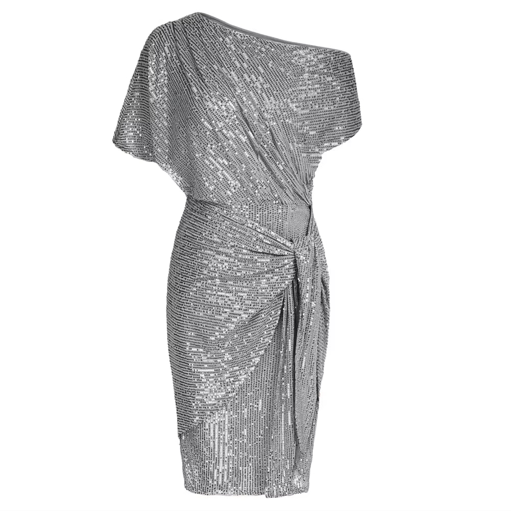 Cocktail Dresses for Women Sequined Party Dress Summer Ruched Short Sleeve Asymmetric off Shoulder Bodycon Dress Vestidos